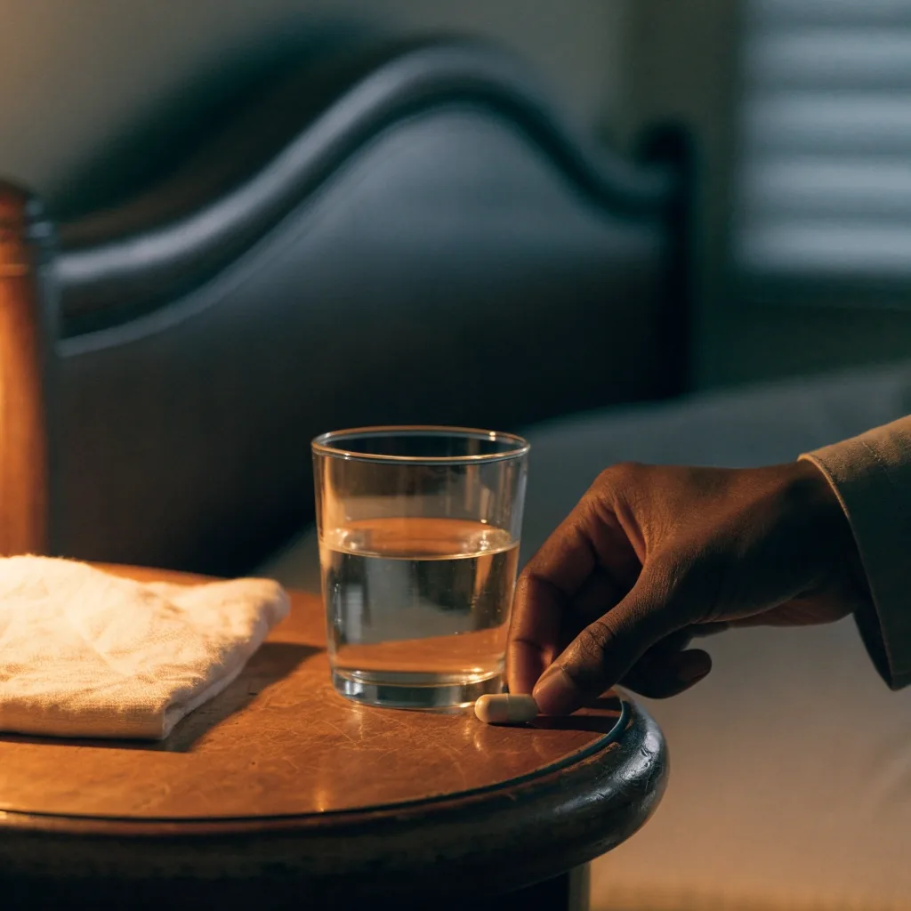 A glass of water, a folded cloth and a single capsule on a pale bench at night