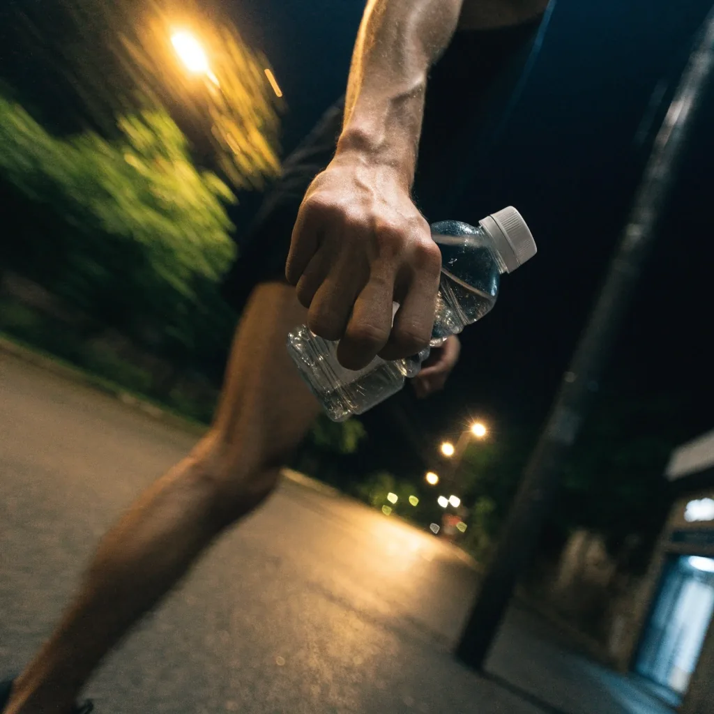 A running shoe on wet pavement at night under amber streetlight