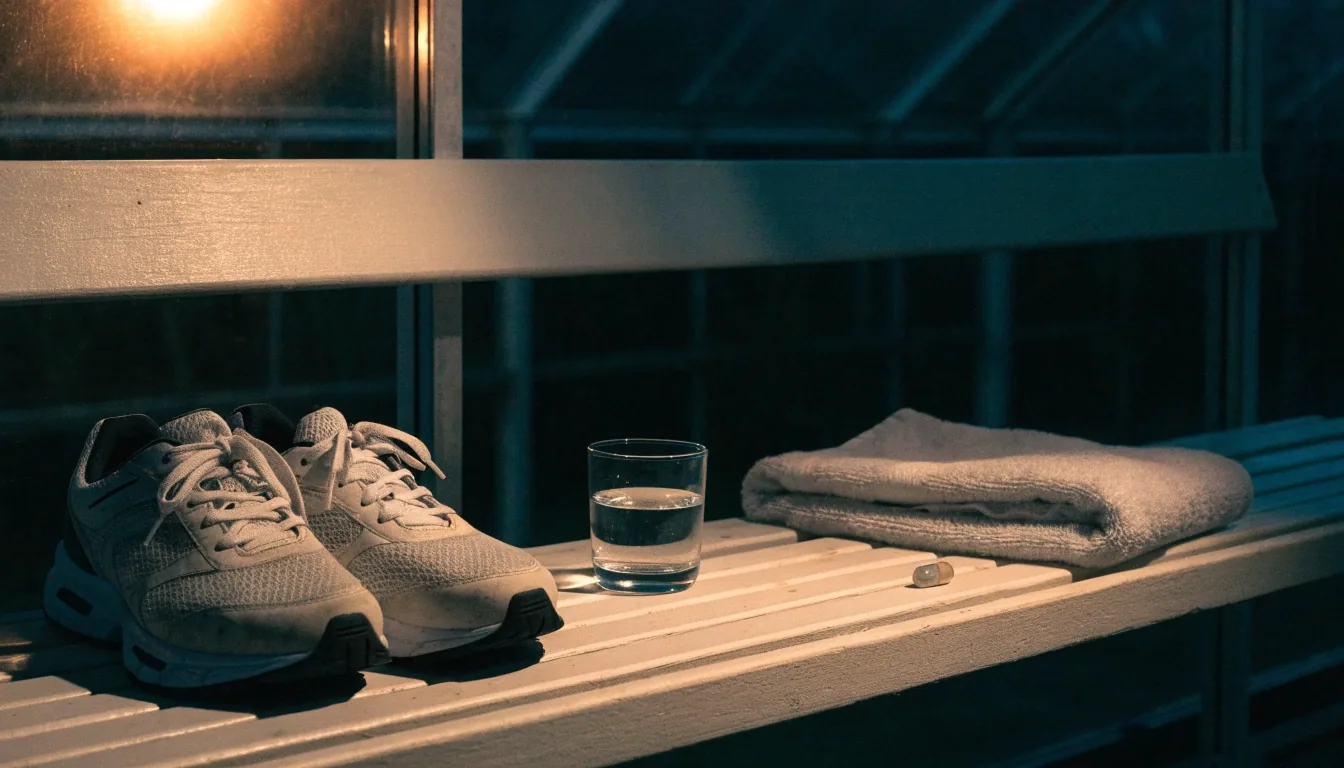 Running shoes, a glass of water and a single capsule resting on a pale bench in a night-lit glasshouse