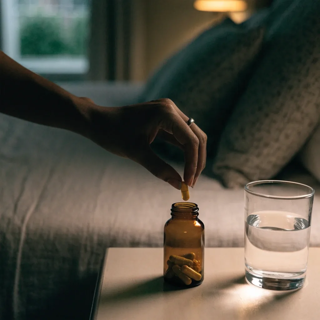 A single capsule balanced at the edge of a pale plate under warm amber light
