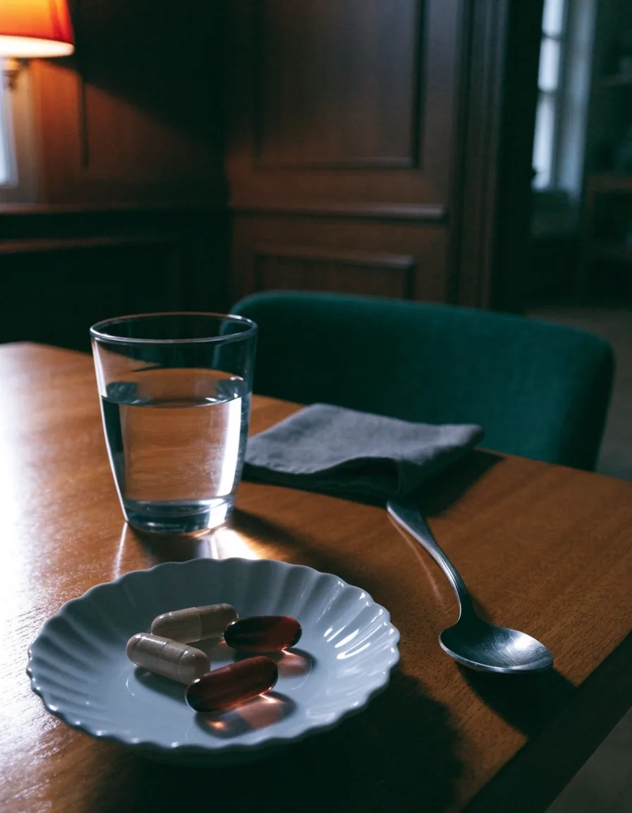 Three capsules on a pale sheet beside a glass of water under warm evening light