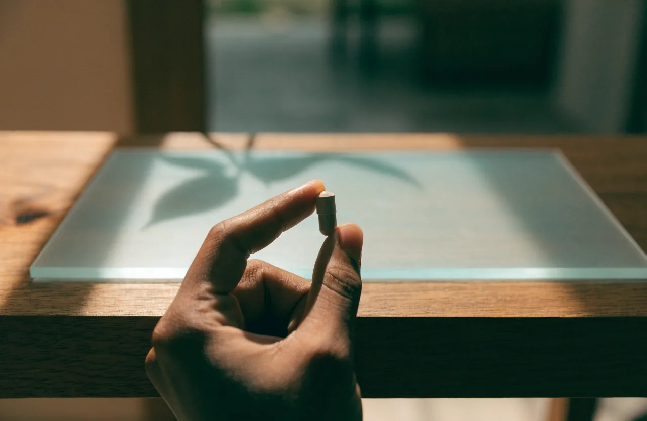 A single capsule resting on a pale glass sheet under warm amber bench light